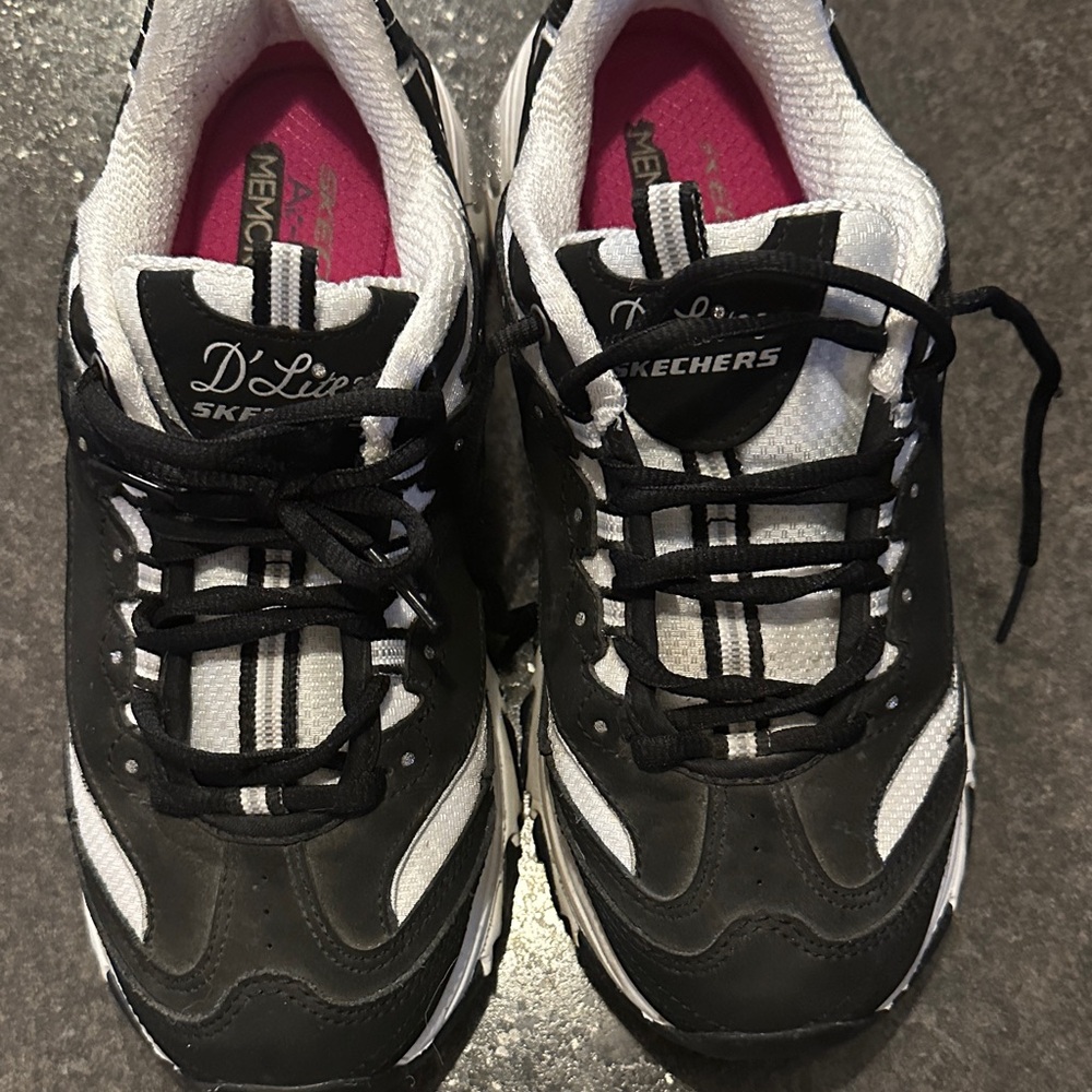 Skechers Women's Black and White Sneakers with Pink Insole - Picture 6 of 7